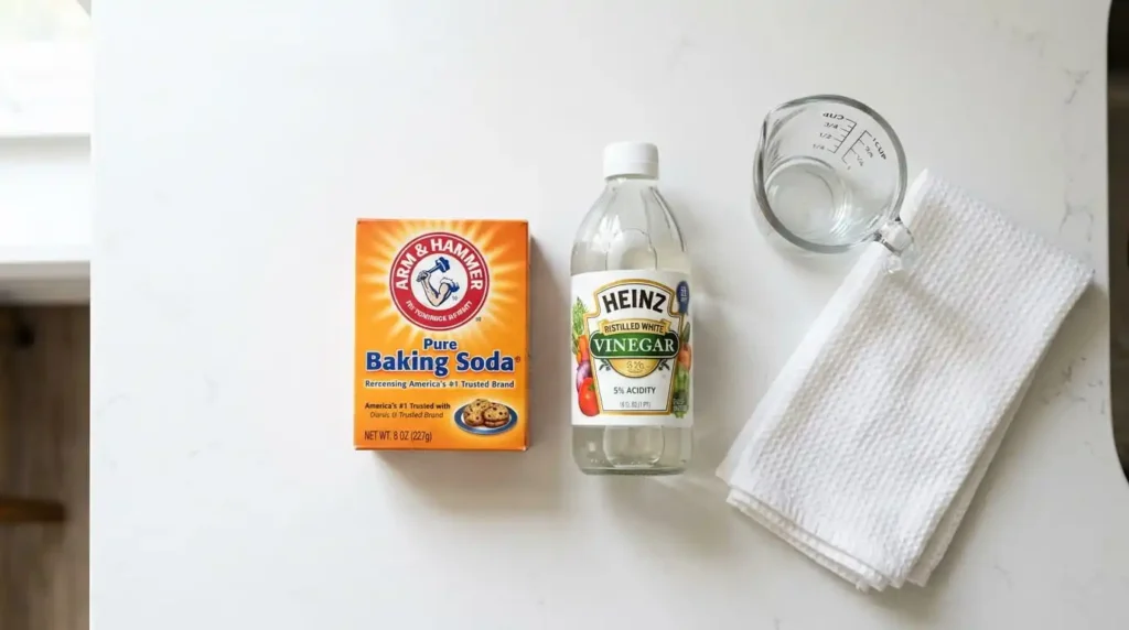 Box of baking soda and bottle of white vinegar on kitchen counter for dishwasher cleaning