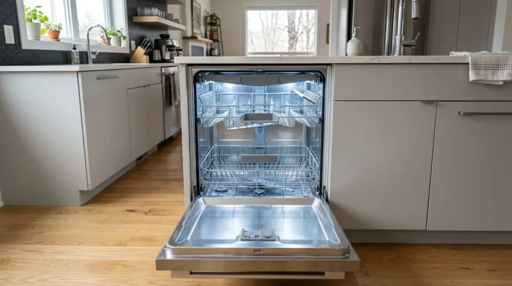 Spotlessly clean dishwasher interior with empty racks and residue-free spray arm after deep cleaning