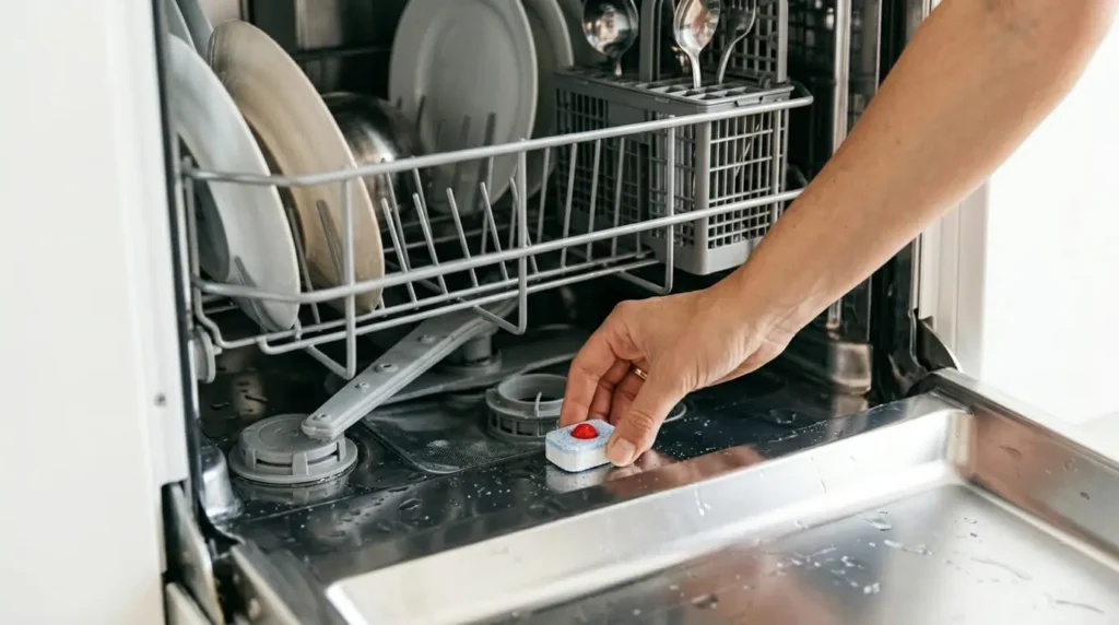 Hand placing dishwasher cleaning tablet at bottom of open dishwasher below bottom rack