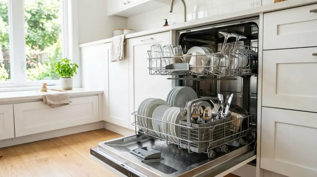 Clean open dishwasher with sparkling dishes and glasses in modern white kitchen