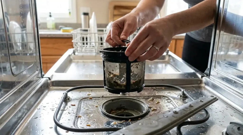 Person removing dishwasher filter from bottom of open dishwasher for cleaning