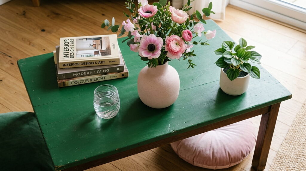 Close up styled coffee table flat lay with pale pink stoneware vase narrow neck fresh pink flowers glass tumbler velvet cushion and mini peperomia artificial plant in ceramic pot on warm wood surface