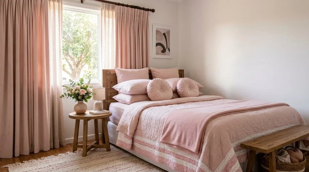 Styled bedroom with pale pink bedspread duvet cover round velvet pleated cushions pink fleece throw velvet curtains and stoneware vase with fresh flowers in soft morning light