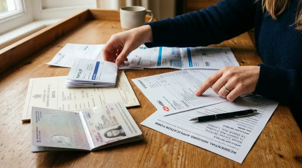 Person organizing housing application documents including passport utility bills payslips bank statement and birth certificate on desk