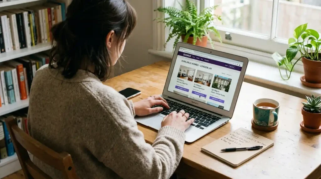 Person using laptop at home desk to navigate online Locata housing portal with property listings notebook and handwritten notes