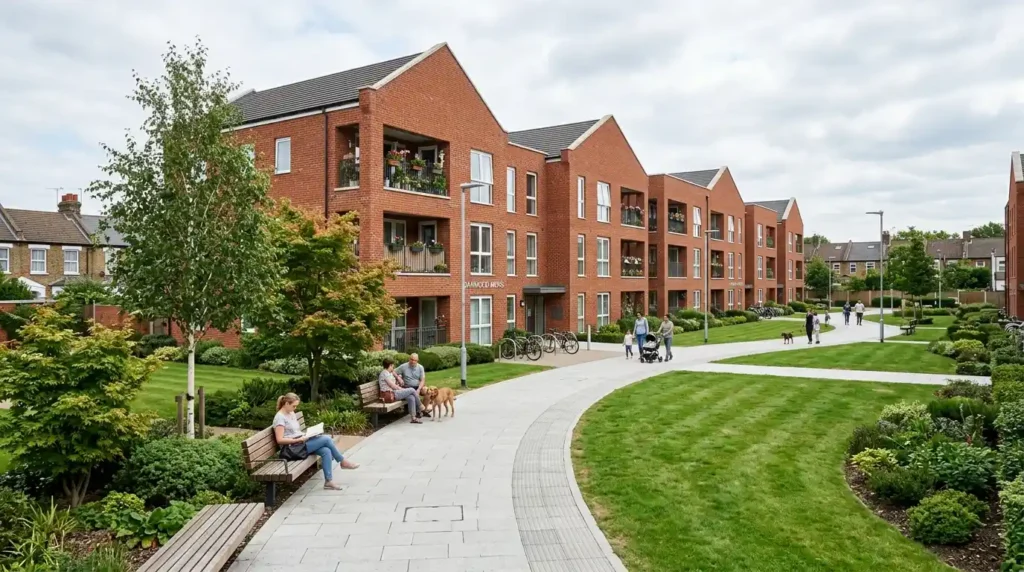 Well maintained social housing development in London Borough of Brent showing red brick apartments tidy landscaping and communal green space