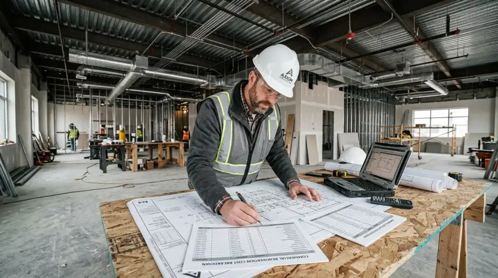 Commercial renovations cost breakdown review by project manager on active construction site