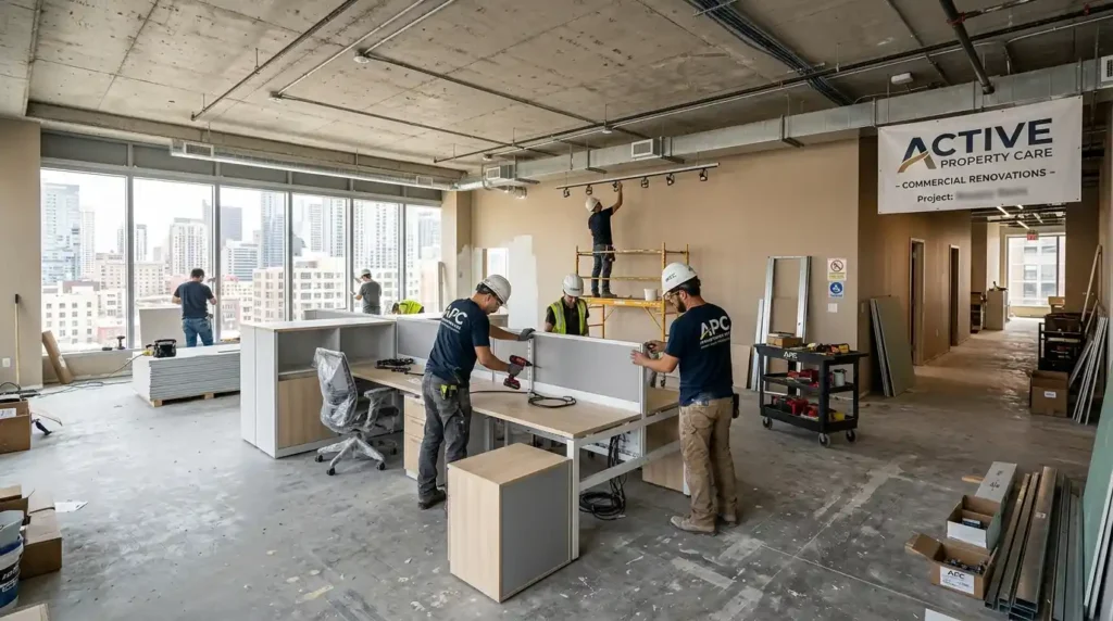 Commercial renovations by Active Property Care showing modern open plan office fit-out in progress