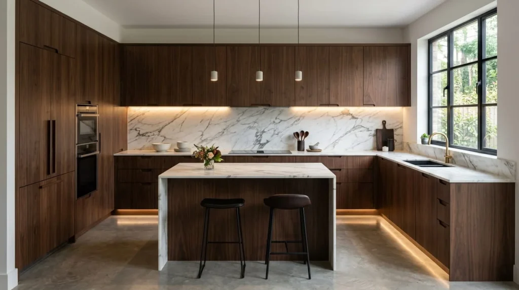 Custom luxury kitchen cabinets with walnut finish and modern seamless design