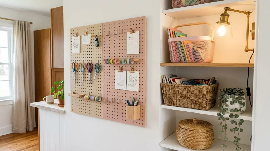 Home office kitchen wall with beige pink pegboard tools and notes light pink wire basket wood handle banana twist lidded basket braided seagrass basket and trailing artificial plant under warm task lighting