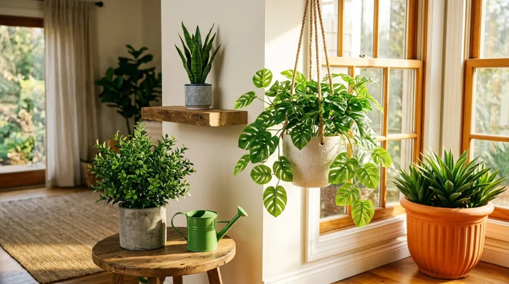 Bright plant filled interior with hanging monstera in ceramic pot jute rope privet plant cement pot tabletop snake plant ceramic planter green watering can and terracotta fluted outdoor planter in afternoon sunlight