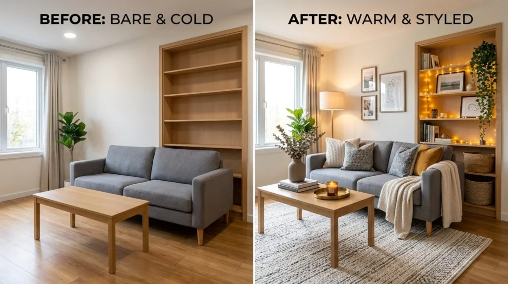 Before and after split frame living room transformation showing bare undecorated room on left versus fully styled space with stoneware vase throw pillows trailing plant woven rug string lights and woven basket on right