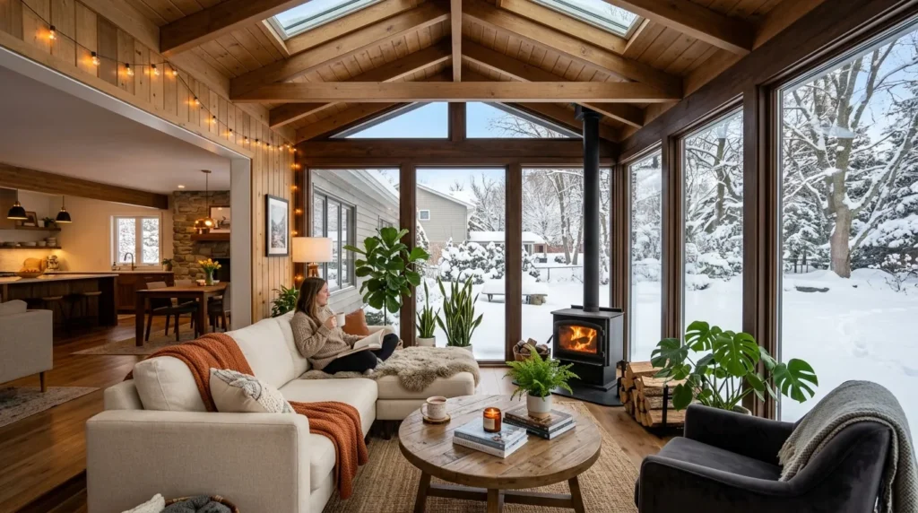 Four-season sunroom home addition with large panoramic windows and cozy interior connected to main house