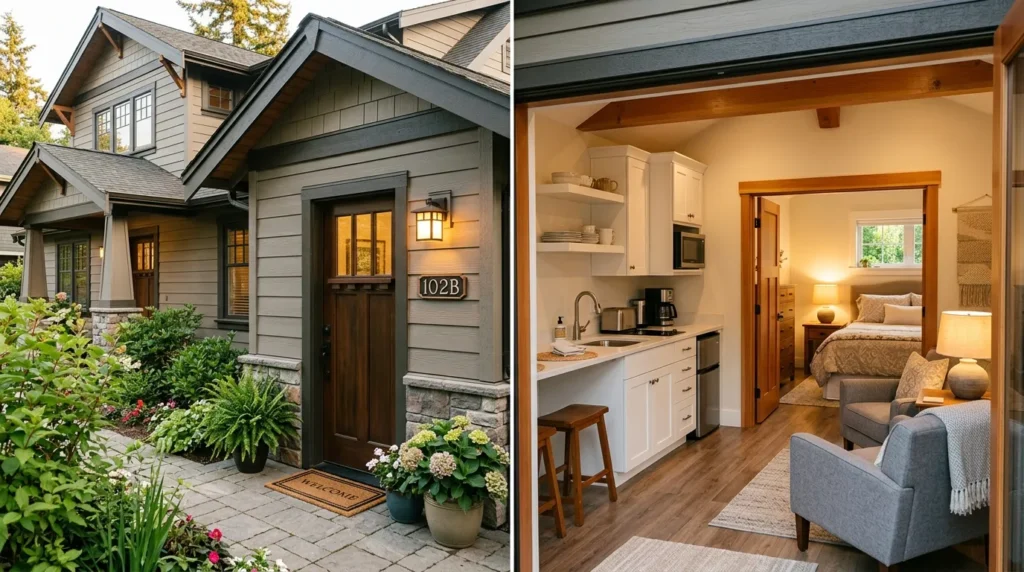 Attached in-law suite ADU home addition with private entrance cozy bedroom and compact kitchenette