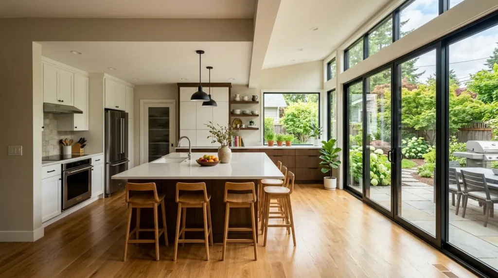 Kitchen bump-out home addition extending living space with large island and updated countertops and natural light