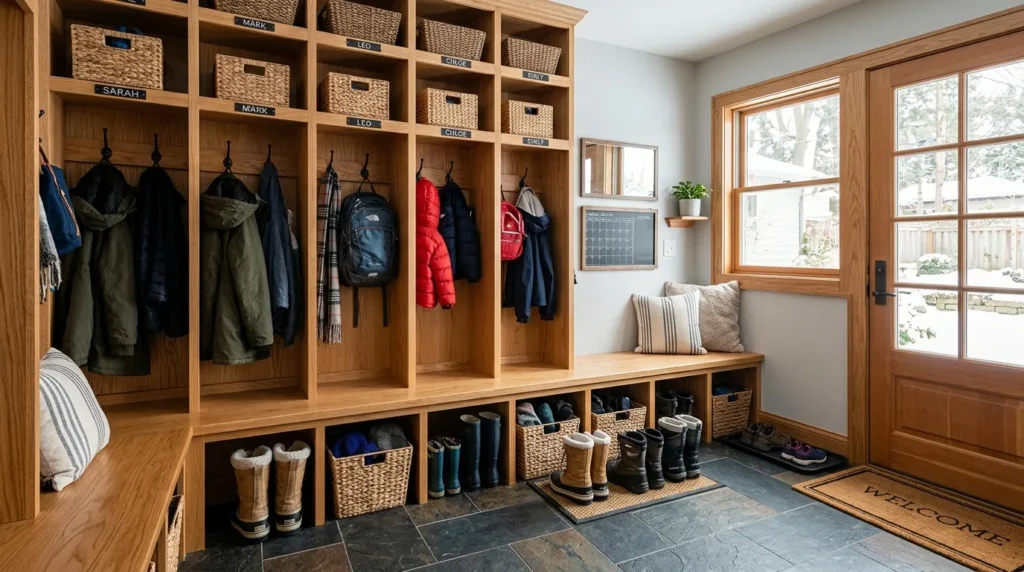 Functional mudroom home addition with built-in lockers bench seating and organized winter gear storage