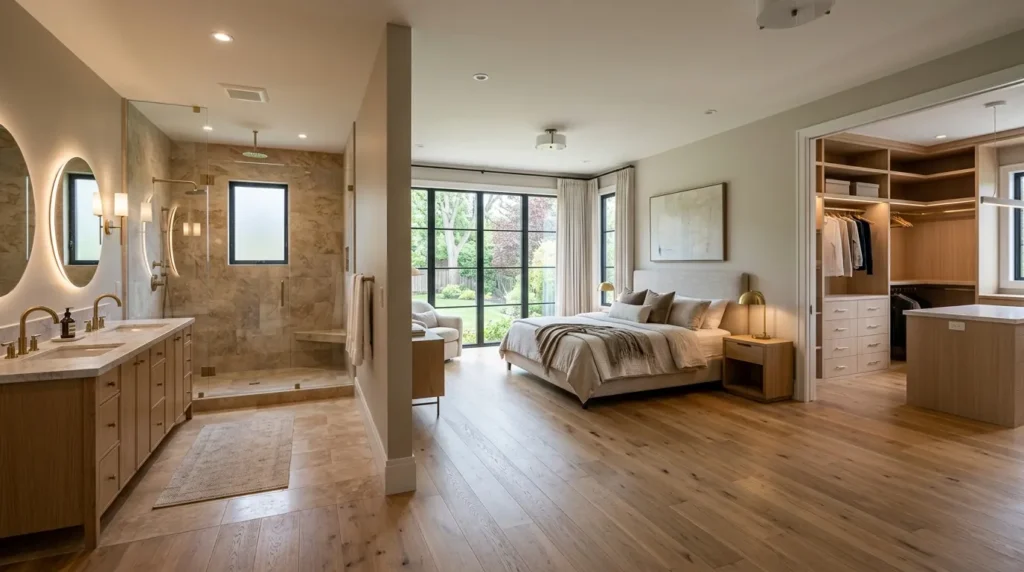 Spacious primary suite home addition with walk-in closet and double vanity bathroom in neutral warm tones