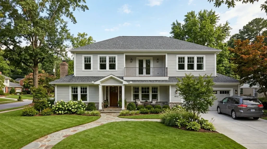 Ranch style home with completed second-story home addition matching original roof pitch and siding exterior view