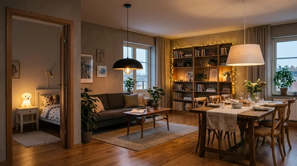 Interior lighting accessories composition showing black pendant lamp over living room oak veneer pendant lampshade over dining table string lights across bookcase and dog shaped LED table lamp in child's bedroom