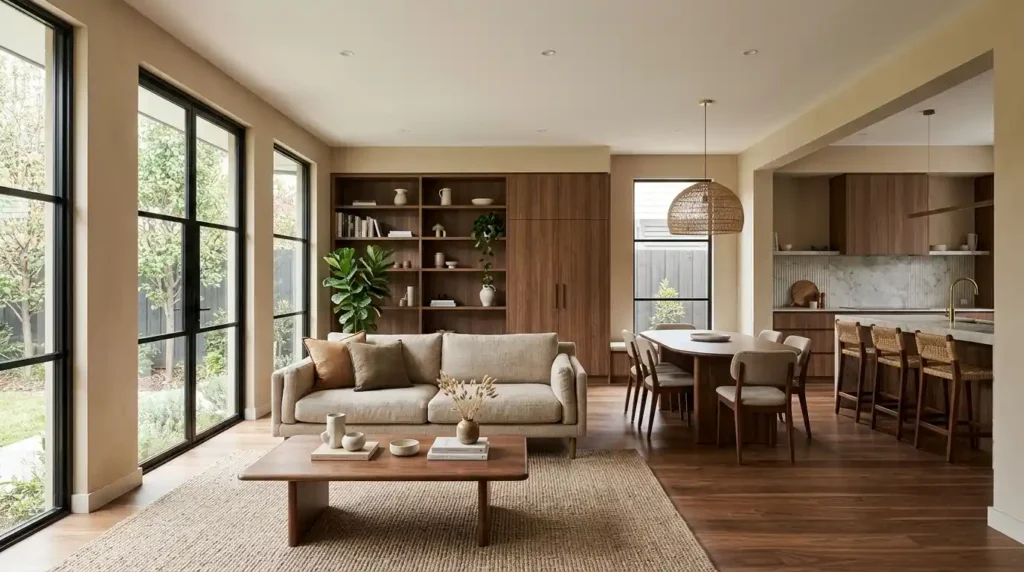 House renovation heartomenal by Active Property Care showing warm minimalism interior with walnut flooring and custom cabinetry