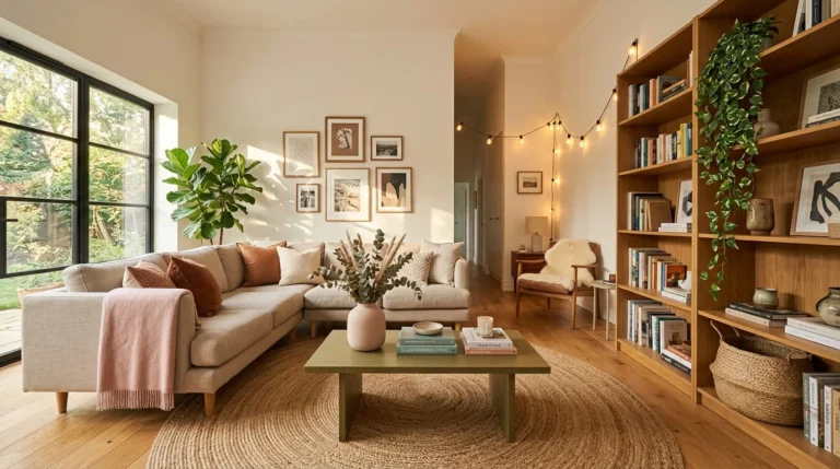 Wide angle modern living room styled with pale pink stoneware vase green coffee table trailing artificial plant braided seagrass basket pink throw and woven rug in warm afternoon natural light