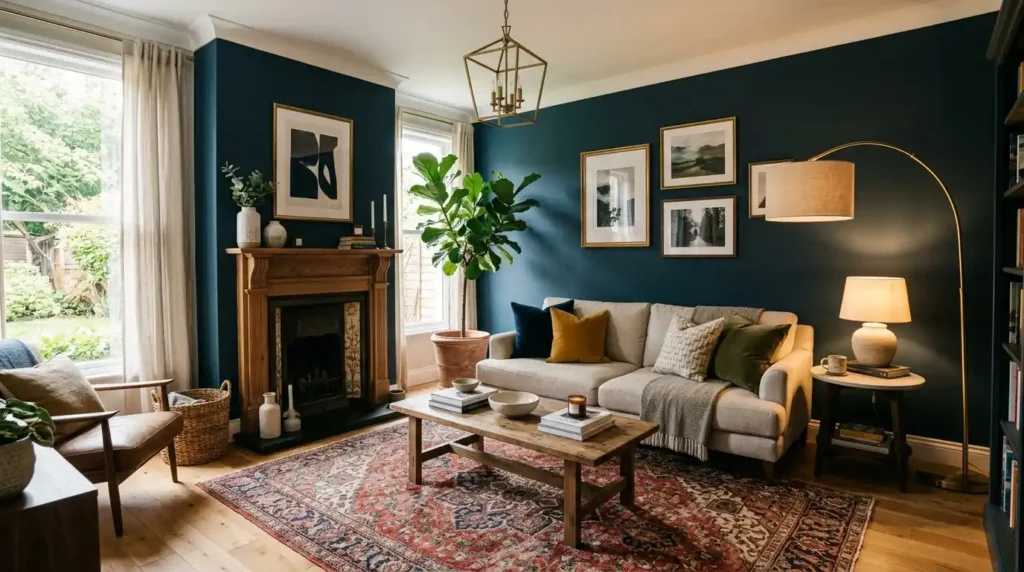 Beautifully decorated living room with Hague Blue feature wall linen sofa vintage rug brass floor lamp fiddle leaf fig