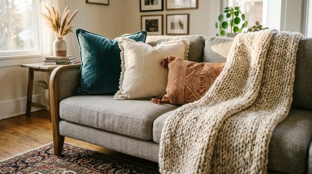 Layered living room sofa corner with velvet teal pillow linen cushion woven cotton throw blanket and vintage area rug