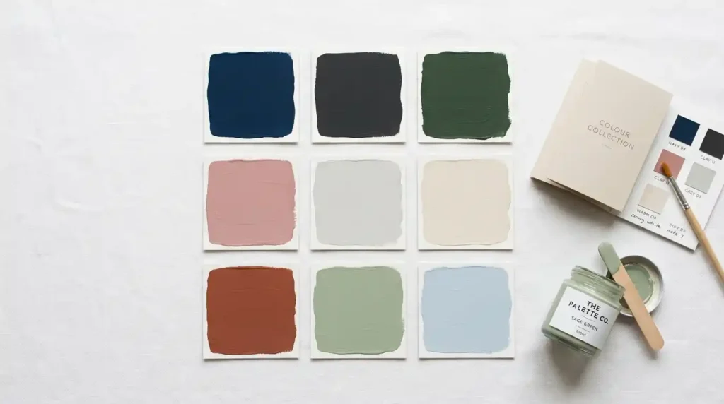 Nine paint color swatches from deep navy charcoal forest green to dusty pink pale grey and soft blue beside colour card