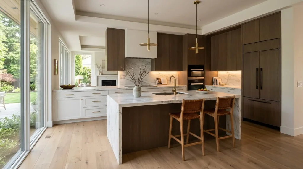 Modern luxury kitchen with stylish cabinets, marble countertops, and built-in appliances