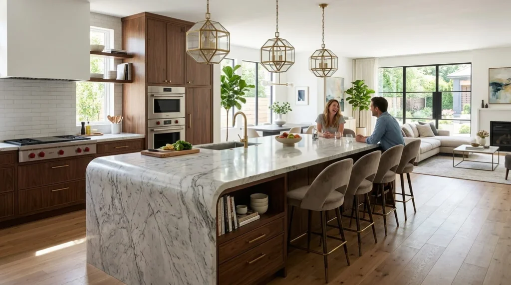 Kitchen island with built-in cabinets and marble countertop in modern home
