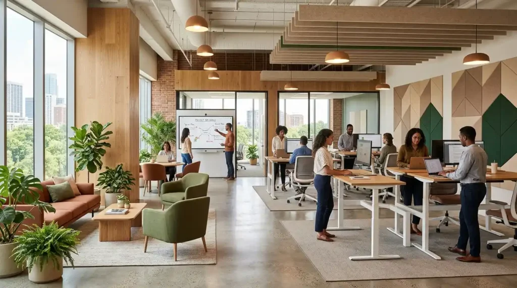 Modern office renovation with activity based working zones biophilic design and smart technology integration