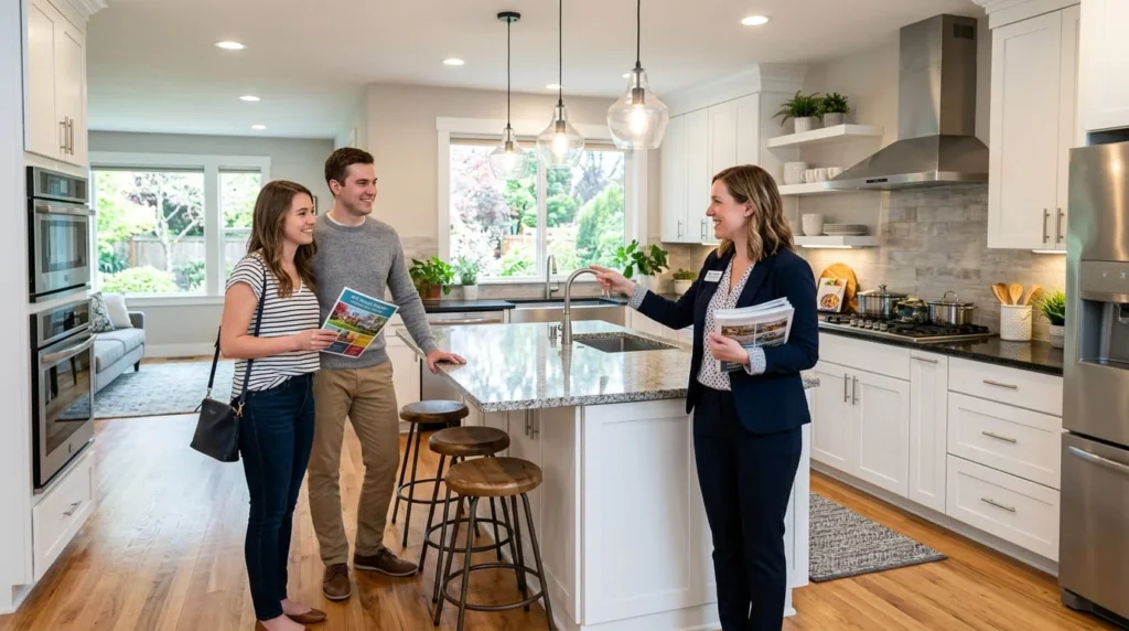 Young couple touring a modern open house kitchen with granite countertops, stainless steel appliances and center island while listing agent answers questions