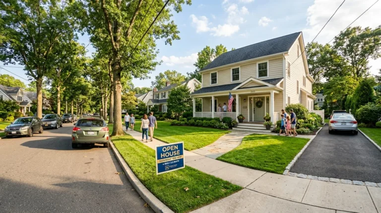 Beautifully staged single family open house on a sunny Saturday with open house sign on front lawn and welcoming curb appeal on a quiet suburban street