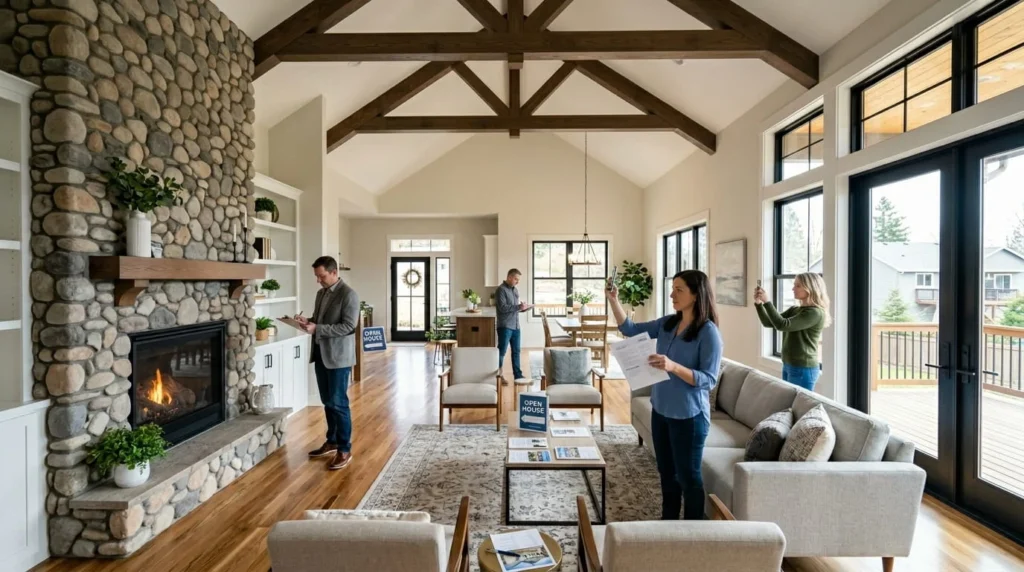 Spacious open floor plan living room during Sunday open house with vaulted ceilings, gas fireplace, hardwood floors and buyers actively touring the space