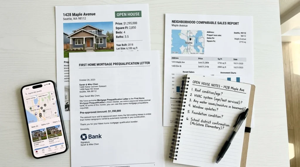 Home buyer open house preparation toolkit with printed property listing, mortgage prequalification letter, comparable sales report and smartphone showing Redfin open house map