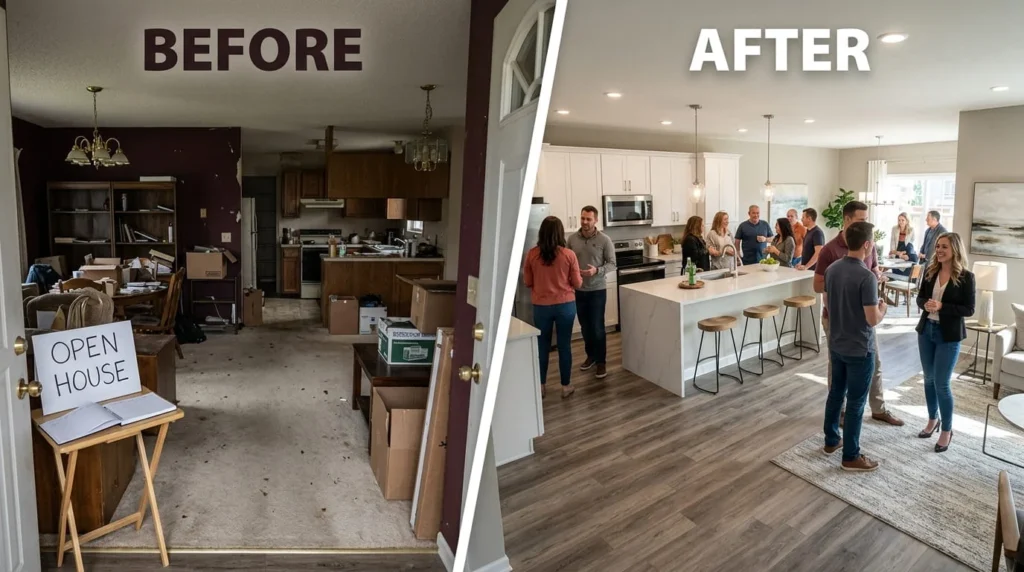 Before and after open house staging comparison showing dated unstaged interior versus professionally staged modern home with buyers actively touring every room