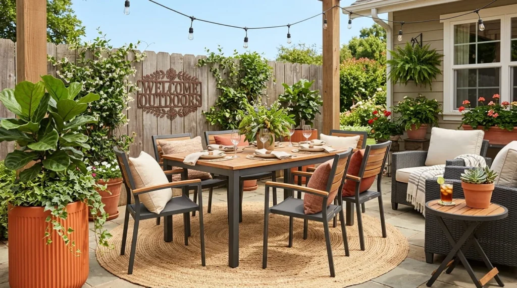  Styled outdoor patio with seven piece acacia wood dining set natural woven braided rug outdoor throw pillows terracotta fluted planter Welcome Outdoors metal sign string lights and folding accent table
