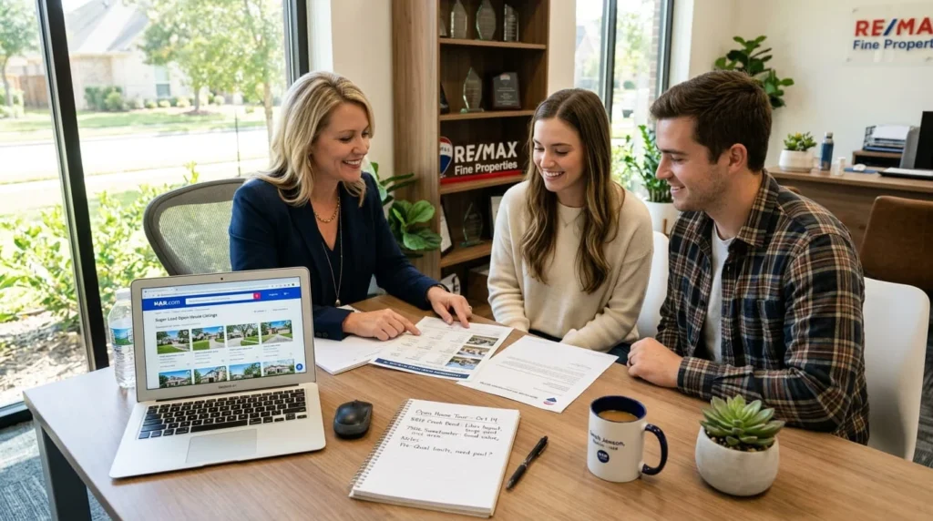 Real estate agent reviewing comparable sales report and mortgage prequalification with young couple after open house visit with HAR.com listings visible on laptop