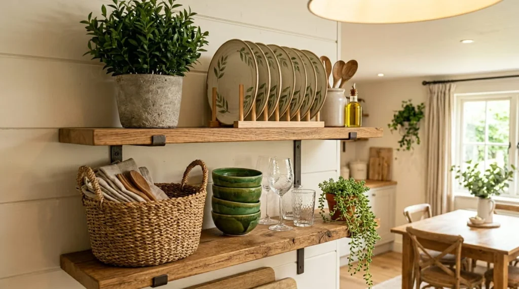 Styled open shelving unit with stoneware aralia dinner plates hand painted green cereal bowls privet artificial plant in cement pot glass wine tumbler braided seagrass basket and trailing sedum plant
