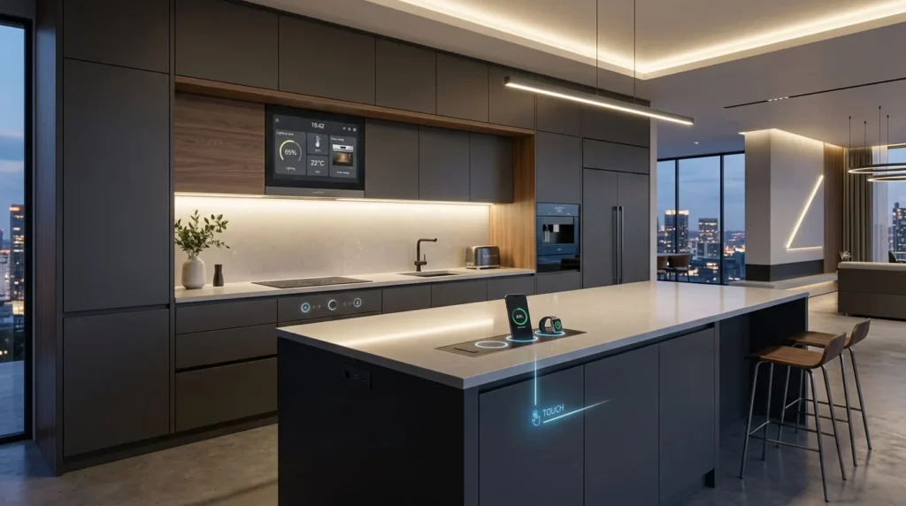 Smart kitchen cabinets with touch technology and integrated charging station
