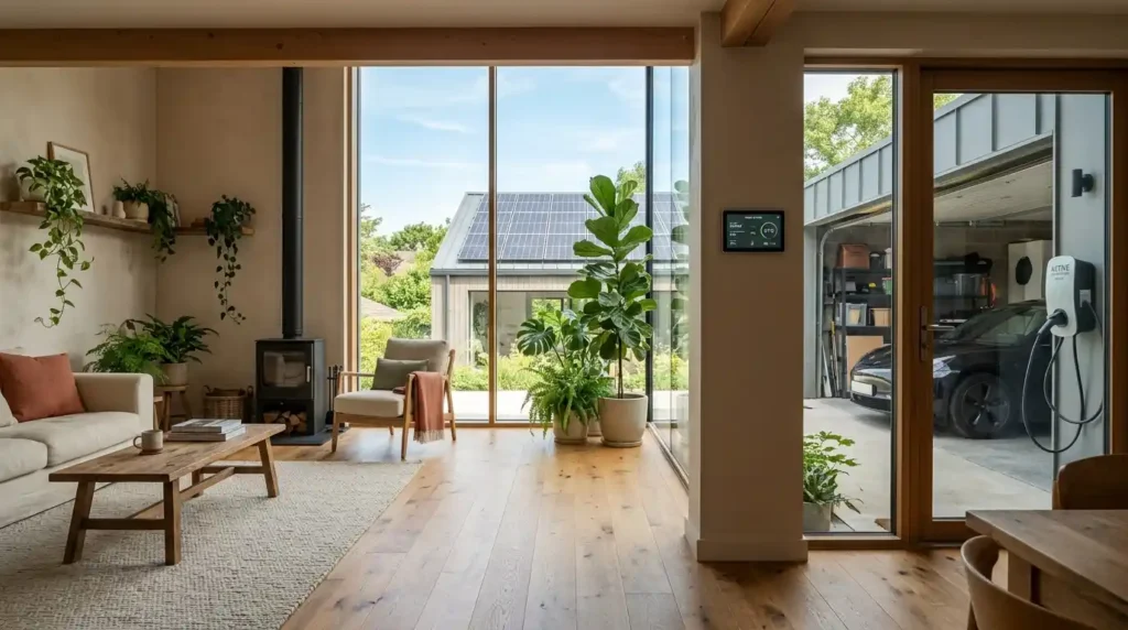 Sustainable house renovation by Active Property Care with solar panels biophilic design smart home technology and EV charger