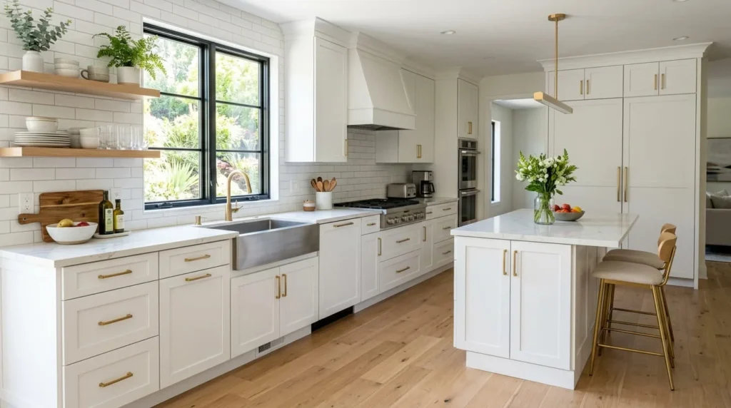 White shaker kitchen cabinets with modern clean interior design