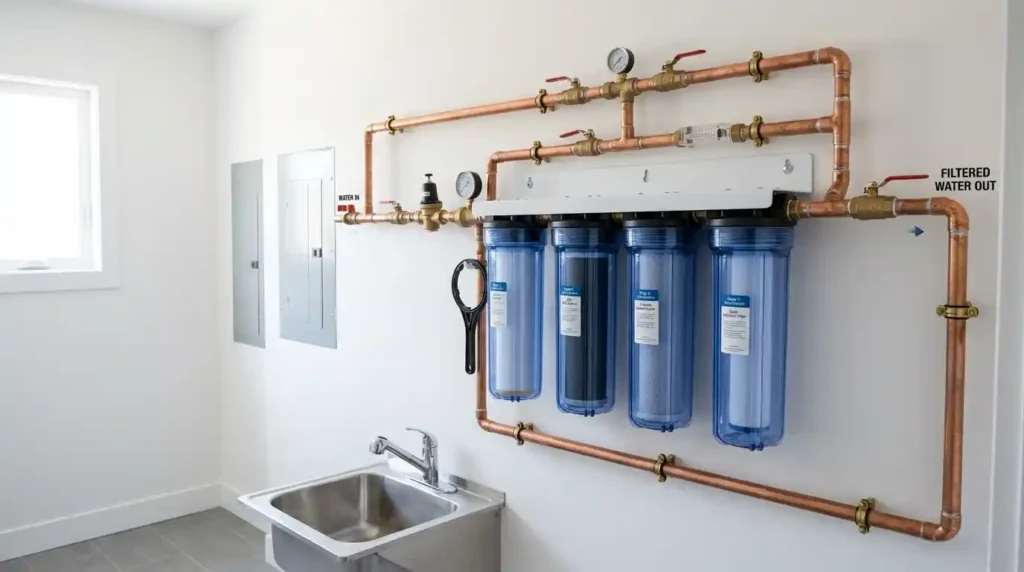 Complete whole house water filtration system installed by Active Property Care showing multiple filter housings copper pipe fittings and shut-off valves in modern utility room