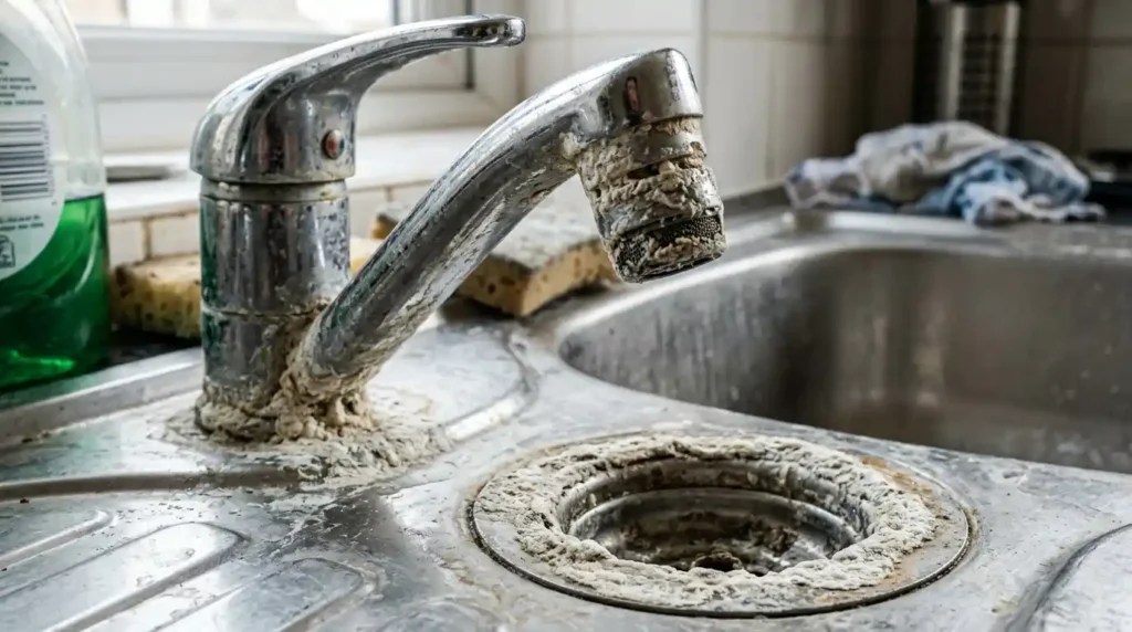Severe white limescale and calcium buildup on kitchen faucet showing hard water scale damage that whole house water filtration and scale prevention systems eliminate