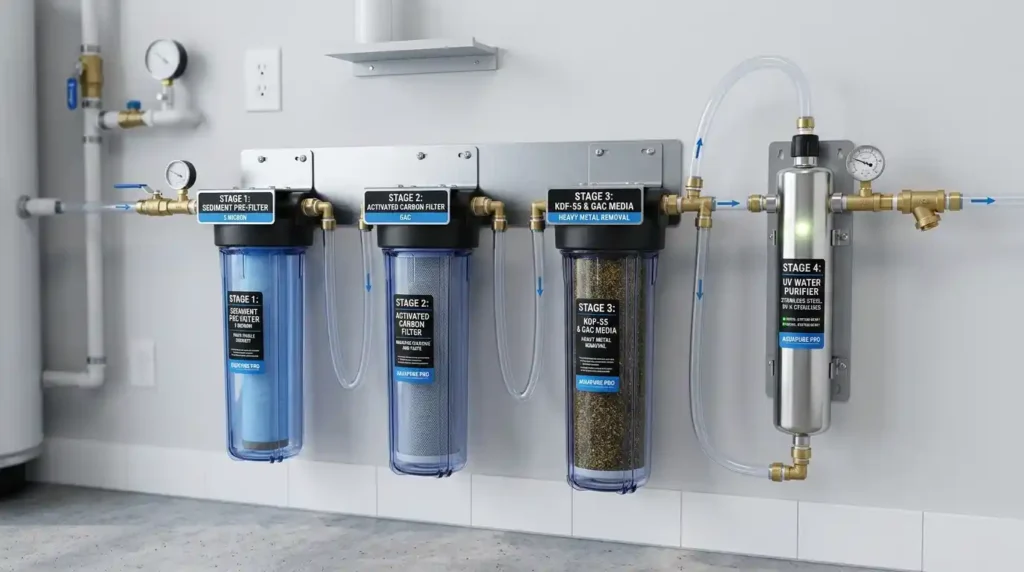 Multi-stage whole house water filtration system showing sediment pre-filter activated carbon KDF filter and UV water purifier post-treatment connected in sequence