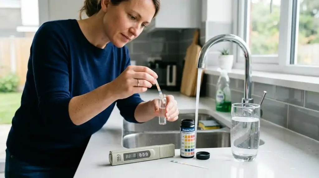 Homeowner testing tap water quality with water test kit and TDS meter on kitchen counter before installing whole house water filtration system
