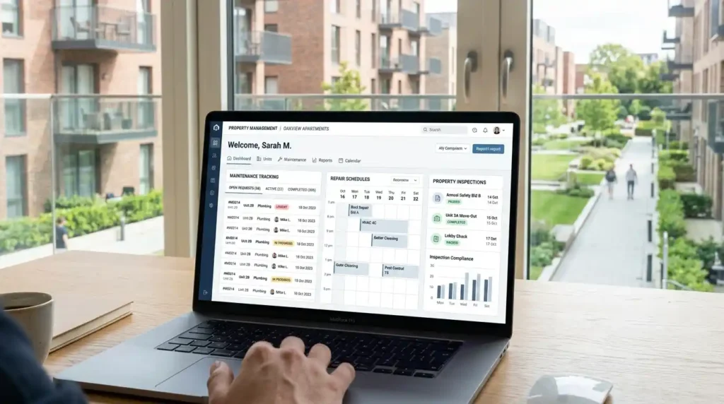 Property management dashboard showing maintenance scheduling and property care tracking system on activepropertycare platform