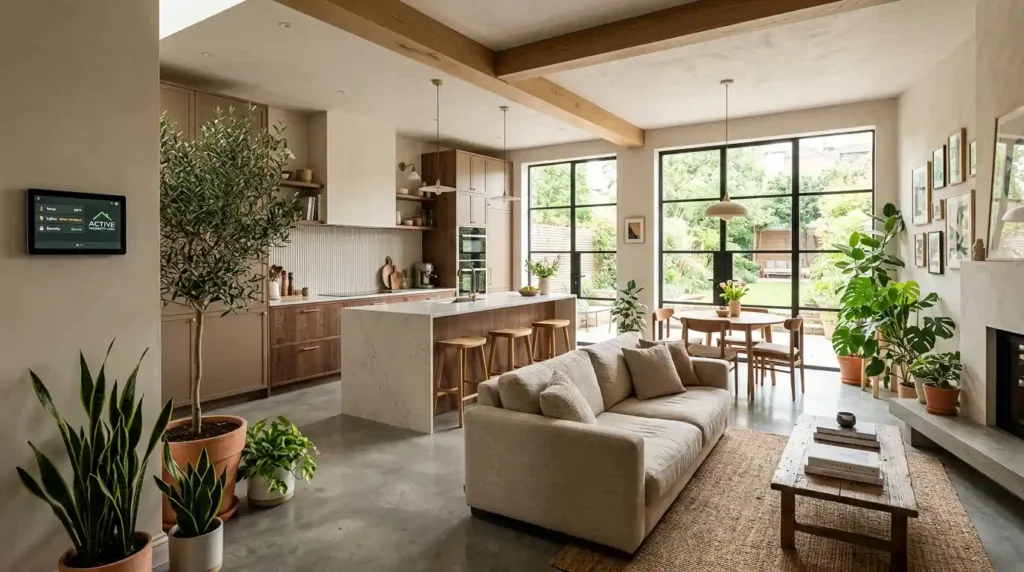 Home renovation service by Active Property Care showing transformed open plan living space with custom cabinetry biophilic design and smart home integration