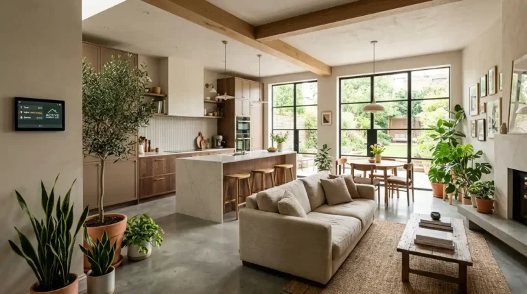 Home renovation service by Active Property Care showing transformed open plan living space with custom cabinetry biophilic design and smart home integration