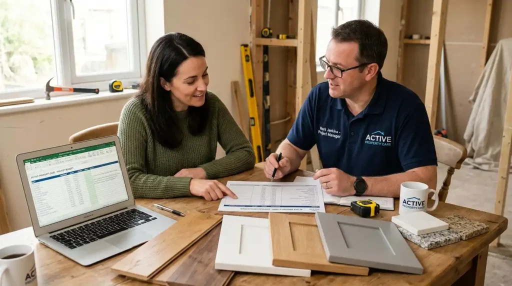 Home renovation service budget planning session with Active Property Care project manager reviewing cost breakdown and material samples